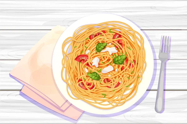 Spaghetti Pasta Plate Tomatos Basil Mozzarella Cartoon Style Top View — Stock Vector