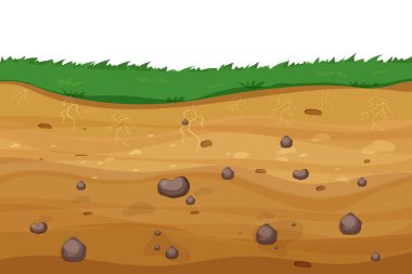 Yer altı kesiti karikatür tarzında taşlarla biçimlendirilmiş. Oyun seviyesi, manzara. Bahçede çiftçilik. Vektör illüstrasyonu
