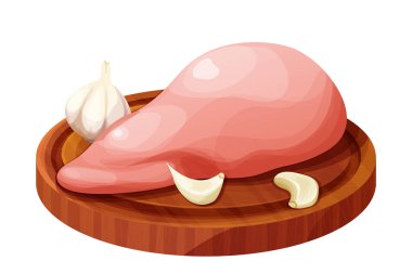 Tahta tahtada tavuk fileto eti, beyaz arka planda karikatür şeklinde sarımsak. Kemiksiz ham madde. Vektör illüstrasyonu