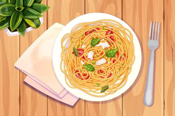 Špagety Těstoviny Talíři Rajčaty Bazalkou Mozzarella Kresleném Stylu Horní Pohled — Stockový vektor