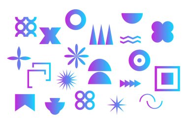 Geometrik gradyan şekilleri, çağdaş modern elementleri, beyaz arka planda izole edilmiş temel formları, fütüristik figürleri, asgari soyut formları ayarlayın. Vektör illüstrasyonu