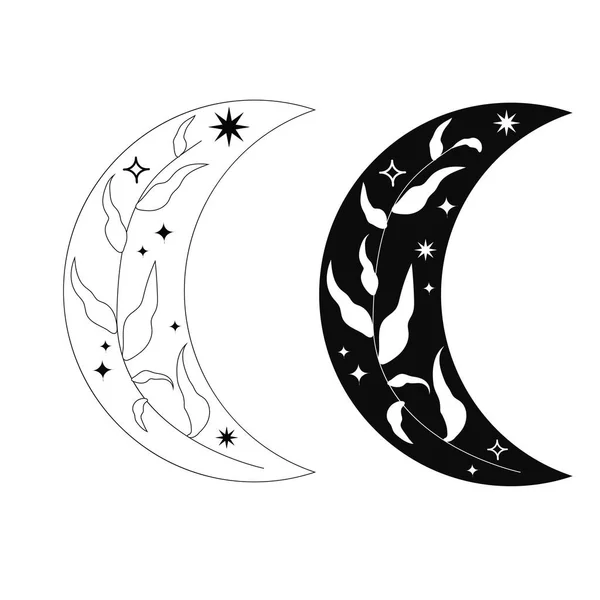 Set Měsíc Boho Nebeské Zdobené Listy Jiskry Hvězdy Černé Bílé — Stockový vektor