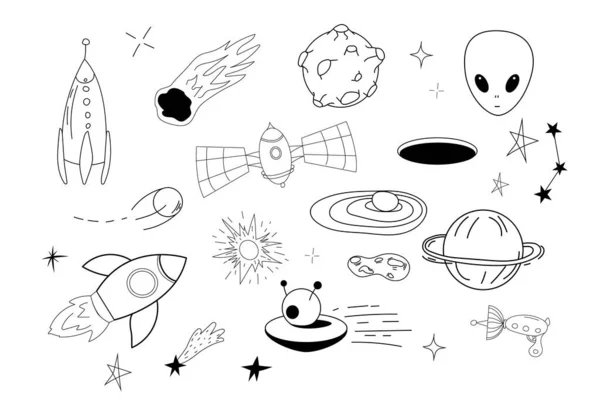 Legen Weltraumelemente Ufo Raumschiff Rakete Satellit Sterne Und Planeten Doodle — Stockvektor