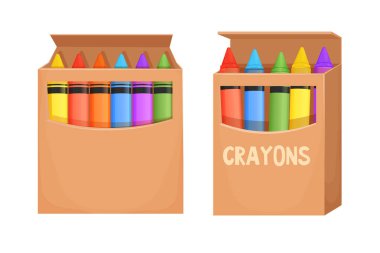 Set Wax crayons in carton box in cartoon style isolated on white background. Preschool palette, pencils for education. Vector illustration clipart