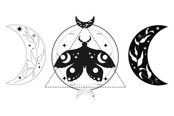 Magic Mystic Moth Doodle Style Line Art Isolated Boho Celestial — Stock Vector