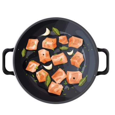 Kızarmış tavuk filetosu ya da tavada hindi parçaları baharat, sarımsak ve beyaz arka planda izole edilmiş çizgi film tarzında yapraklar. - Evet. Vektör illüstrasyonu