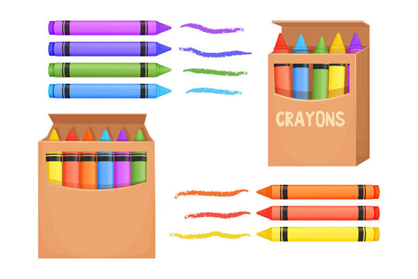 Set Wax crayons in carton box and with brush stroke in cartoon style isolated on white background. Preschool palette, pencils for education. Vector illustration