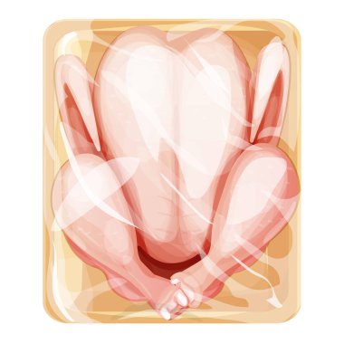 Plastik tepside ızgara tavuk eti ve beyaz arka planda izole edilmiş polietilen mutfak filmi. Donmuş yiyecekler, en iyi manzara. - Evet. Vektör illüstrasyonu