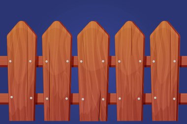 Çizgi film tarzında çivi yapımı tahtalardan ahşap çit bariyeri izole edilmiş. Oyun unsuru, arkaplan, ayrıntılı varlık. Vektör illüstrasyonu