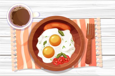 Kahveli yumurta, domates ve ahşap tabakta kızartılmış sosis. Çizgi film tarzında masa örtüsüyle dekore edilmiş mutfak masası manzaralı. Sabah yemeği. Vektör illüstrasyonu