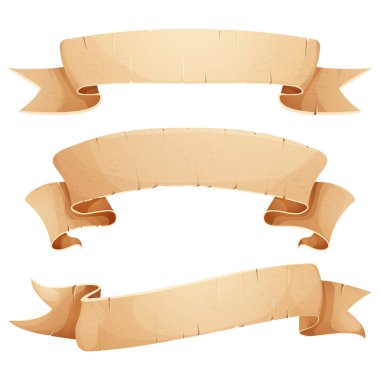 Kağıt parşömen parşömeni şeridi, eski klasik pankart oyunu ui ögesini çizgi film tarzında beyaz arkaplanda izole edin. Vektör illüstrasyonu