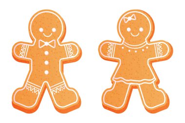 Gingerbread man and woman cute christmas cookies textures with decorations in cartoon style isolated on white background. Vector illustration clipart