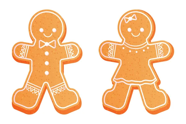 Gingerbread Man Woman Cute Christmas Cookies Textures Decorations Cartoon Style — Stock Vector
