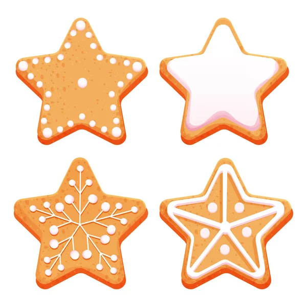 Set Gingerbread Star Glaze Icing Decoration Top View Cartoon Style — Stock Vector