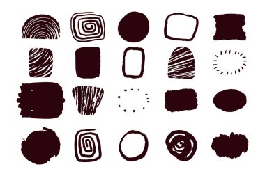 Beyaz arka planda Afrika kabilesi şekilleri, çerçeve ve elementleri karalama tarzında ayarlayın. Yerli işaretiyle fırça süsleri. Vektör illüstrasyonu