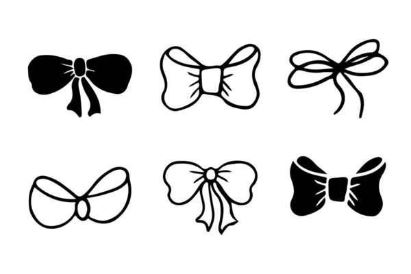 Set Noeud Papillon Décoration Actuelle Silhouette Paquet Dans Style Doodle — Image vectorielle