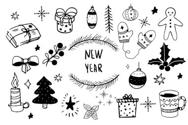 Noel unsurları zencefilli çörek adam, hediyeler, kış süslemeleri, takı ve mum beyaz arka planda izole edilmiş karalama tarzında. Vektör illüstrasyonu