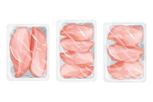 Set Filete Pollo Crudo Bandeja Plástico Paquete Con Aves Corral — Vector de stock