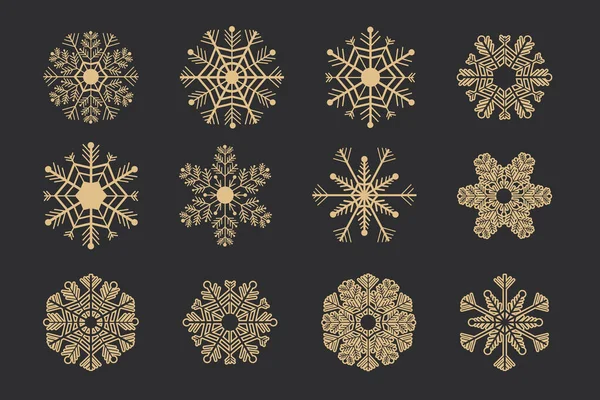 Ange Golden Snöflinga Kristall Elegant Linje Jul Dekoration Mörk Bakgrund — Stock vektor