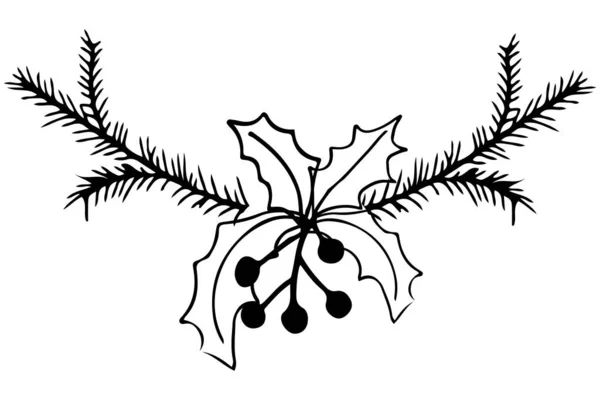 白い背景に隔離された落書きスタイルのミストレトーとベリーの松の木の枝フレーム かわいいボーダー シンプルなデザイン ベクトルイラスト — ストックベクタ