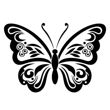 Böcek kelebeği siyah silueti, beyaz arka planda kanatlı muhteşem izole edilmiş. Çizgi, klasik ve vahşi. Vektör illüstrasyonu