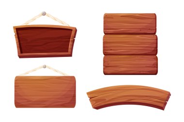 Ahşap tabletler, desenli paneller, işaretli panolar beyaz arka planda izole çizgi film tarzında. Köy tahtası, kalası yerinde. Ui oyun varlıkları. Vektör illüstrasyonu