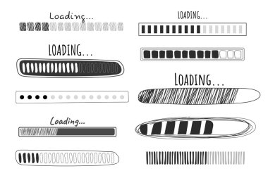 Yükleme çubuğunu ayarlayın, karalama biçiminde ilerleme beyaz arkaplanda izole edildi. Gösterge, elle çizilmiş çizim. Vektör illüstrasyonu