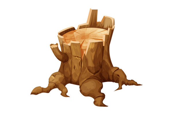 Wooden stump forest tree trunk with roots, cut section in cartoon style isolated. Plant detailed. . Vector illustration