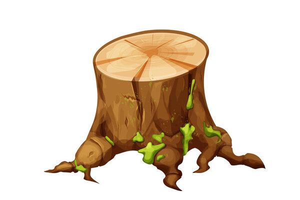 Wooden old stump forest tree trunk with roots, moss cut section in cartoon style isolated. Plant detailed. . Vector illustration