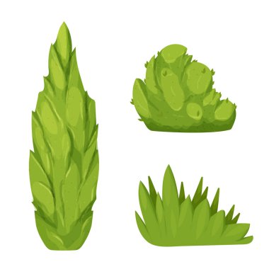 Çit yeşili çalı ormanı ya da arka bahçedeki yaprakları beyaz otlakta karikatür tarzında ayırın. Oyun dekorasyonu, klip sanatı. Vektör illüstrasyonu