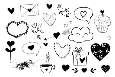 Aşk unsurları romantik süsler, karalama stilinde baloncuklar, yapraklar. Klasik dekoratif çizgi ayırıcı, geometrik eğri çerçeveler beyaz arkaplanda izole edilmiş. Vektör