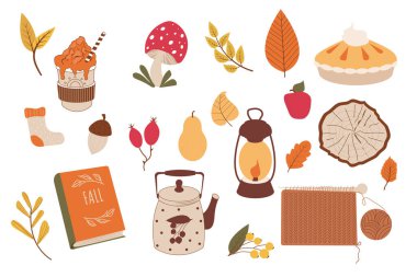 Sonbahar havası öğeleri, yapraklı çıkartmalar, orman süslemeleri, meşe palamudu, mantar, sağ kalça böğürtleni, kitap ve balkabağını beyaz arka planda izole edilmiş çizgi film tarzında ayarla. - Evet. Vektör illüstrasyonu