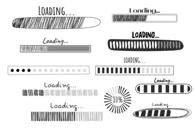 Yükleme çubuğunu ayarlayın, karalama biçiminde ilerleme beyaz arkaplanda izole edildi. Gösterge, elle çizilmiş çizim. Vektör illüstrasyonu