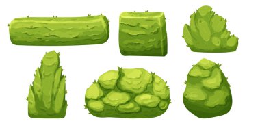 Çit yeşili çalı ormanı ya da arka bahçedeki yaprakları beyaz otlakta karikatür tarzında ayırın. Oyun dekorasyonu, klip sanatı. Vektör illüstrasyonu