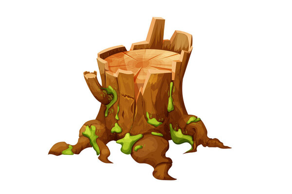 Wooden old stump forest tree trunk with roots, moss cut section in cartoon style isolated. Plant detailed. . Vector illustration