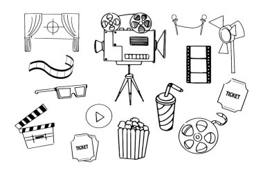 Film şeridi, kamera, kaset ve beyaz arka planda izole edilmiş retro biletlerle karalama tarzında sinema unsurları. Vektör illüstrasyonu