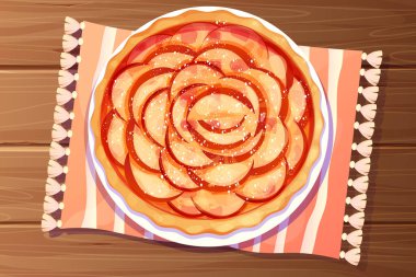 Homemde elmalı turta, pudra şekerli tart ahşap masa üzerinde tüm yuvarlak fırın, çizgi film tarzında tatlı. Vektör illüstrasyonu