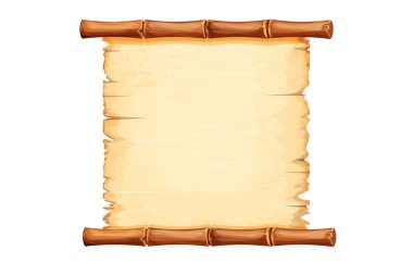 Beyaz arka planda izole edilmiş karikatür tarzında iple süslenmiş eski parşömen kağıdıyla bambu çerçevesi. Oyun tahtası, imzala. Vektör illüstrasyonu