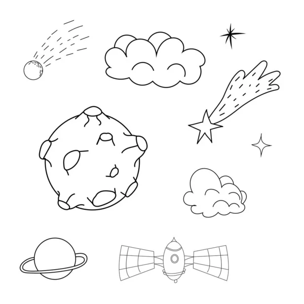 Impostare Pianeti Elementi Spaziali Stelle Meteorite Stile Doodle Icone Galaxy — Vettoriale Stock