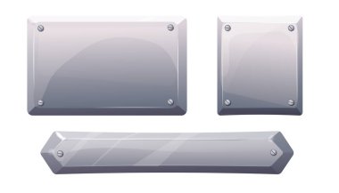 Metal plaka, çelik çerçeve, karikatür tarzı gümüş rengi, izole edilmiş ob beyaz arka plan oyun menüsü. Tahta şablonu. Vektör illüstrasyonu