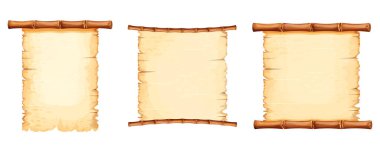 Bambu çerçevelerini, beyaz arkaplanda izole edilmiş karikatür tarzında iple süslenmiş eski parşömen kağıdıyla donatın. Oyun tahtası, imzala. Vektör illüstrasyonu