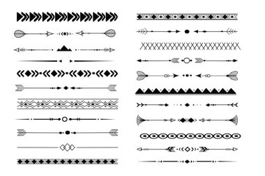 Beyaz arka planda izole edilmiş geometrik şekillerden elde çizilmiş Afrika kabilesi motifi sınırını ayarlayın. Boho İskandinav srtoke, geleneksel yerel dekor. Vektör illüstrasyonu