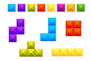 Tetris tuğlaları dizildi, renkli bloklar klasik mantık oyunu beyaz arkaplanda karikatür tarzında izole edildi. Yaratıcı, detaylı şekiller. Vektör illüstrasyonu
