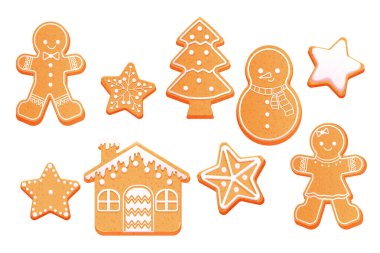 Gingerbread set cute snowman, man, stars, house and christmas tree with icing decoration, seasonal dessert, cookies in cartoon style isolated on white background. Vector illustration clipart