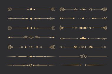 Kabile etnik ok ayırıcılarını beyaz arka planda karalama tarzında kızılderili yayı şeklinde ayır. Koleksiyon sınırları, dekorasyon unsurları. Vektör illüstrasyonu