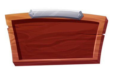Metal kenarlı ahşap panel, beyaz arkaplanda karikatür şeklinde izole edilmiş. İmza çubuğu, menü şablonu, oyun arka planı. Vektör illüstrasyonu