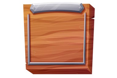 Metal kenarlı ahşap panel, beyaz arkaplanda karikatür şeklinde izole edilmiş. İmza çubuğu, menü şablonu, oyun arka planı. Vektör illüstrasyonu