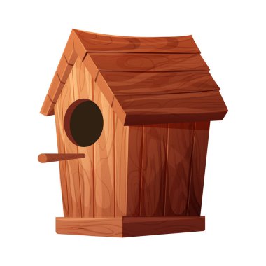 Tahta kuş evi, yuva yeri, çizgi film tarzında boş dekorasyon beyaz arka planda izole ahşap nesne. Bahar dekorasyonu, evde takılmak. Vektör illüstrasyonu