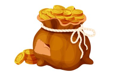 Para çantası, altın sikkelerle dolu çuval, beyaz üzerine izole edilmiş çizgi film tarzı. Oyun unsuru başarısı, kupa. - Evet. Vektör illüstrasyonu