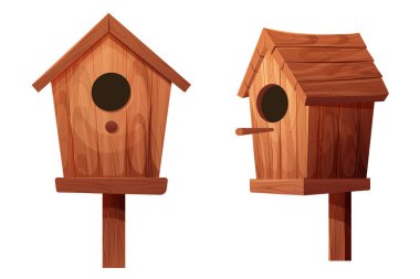 Tahta kuş evi, yuva yeri, çizgi film tarzında boş dekorasyon beyaz arka planda izole ahşap nesne. Bahar dekorasyonu, evde takılmak. Vektör illüstrasyonu